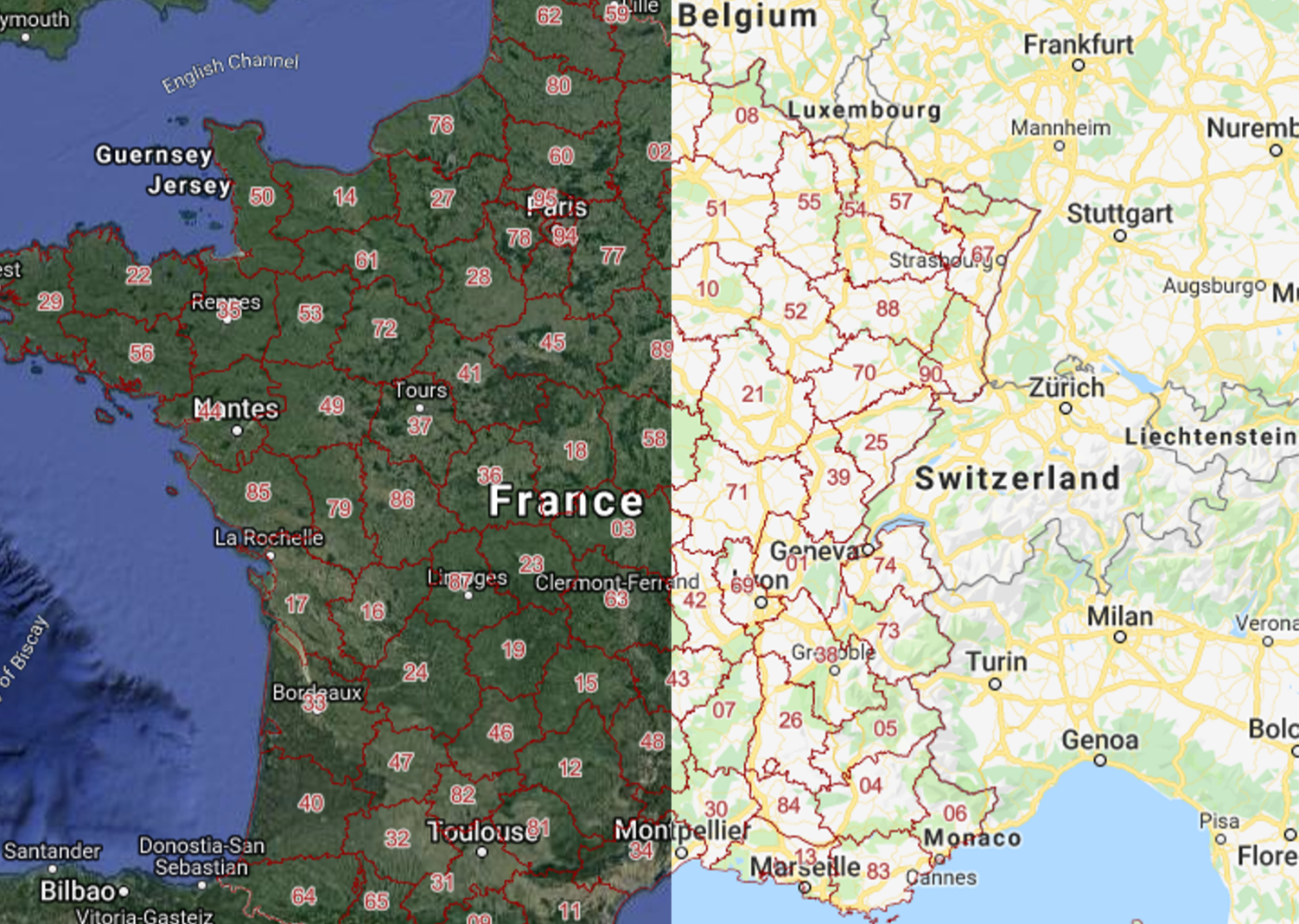 The France 2 digit Postcode boundaries